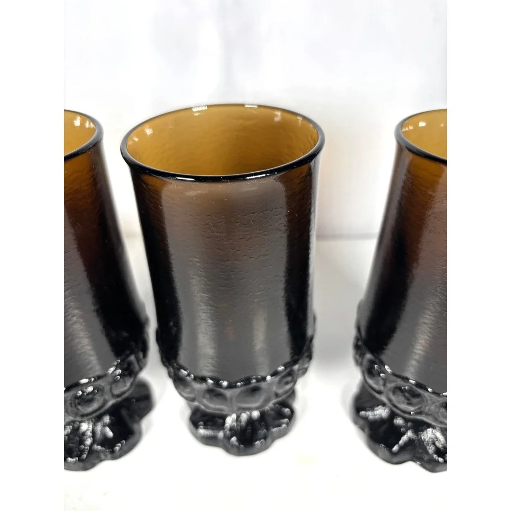 Vintage Indiana Glass Kings Crown Amber Goblets Tumblers Set Mid Century 4 Pc